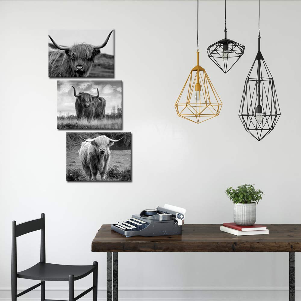 iKNOW FOTO Canvas Print Wall Art Black and White Freedom Highland Cow Pictures Painting for Living Room Bedroom Modern Home Decor Ready to Hang Stretched and Framed Artwork 12x16inchx3pcs