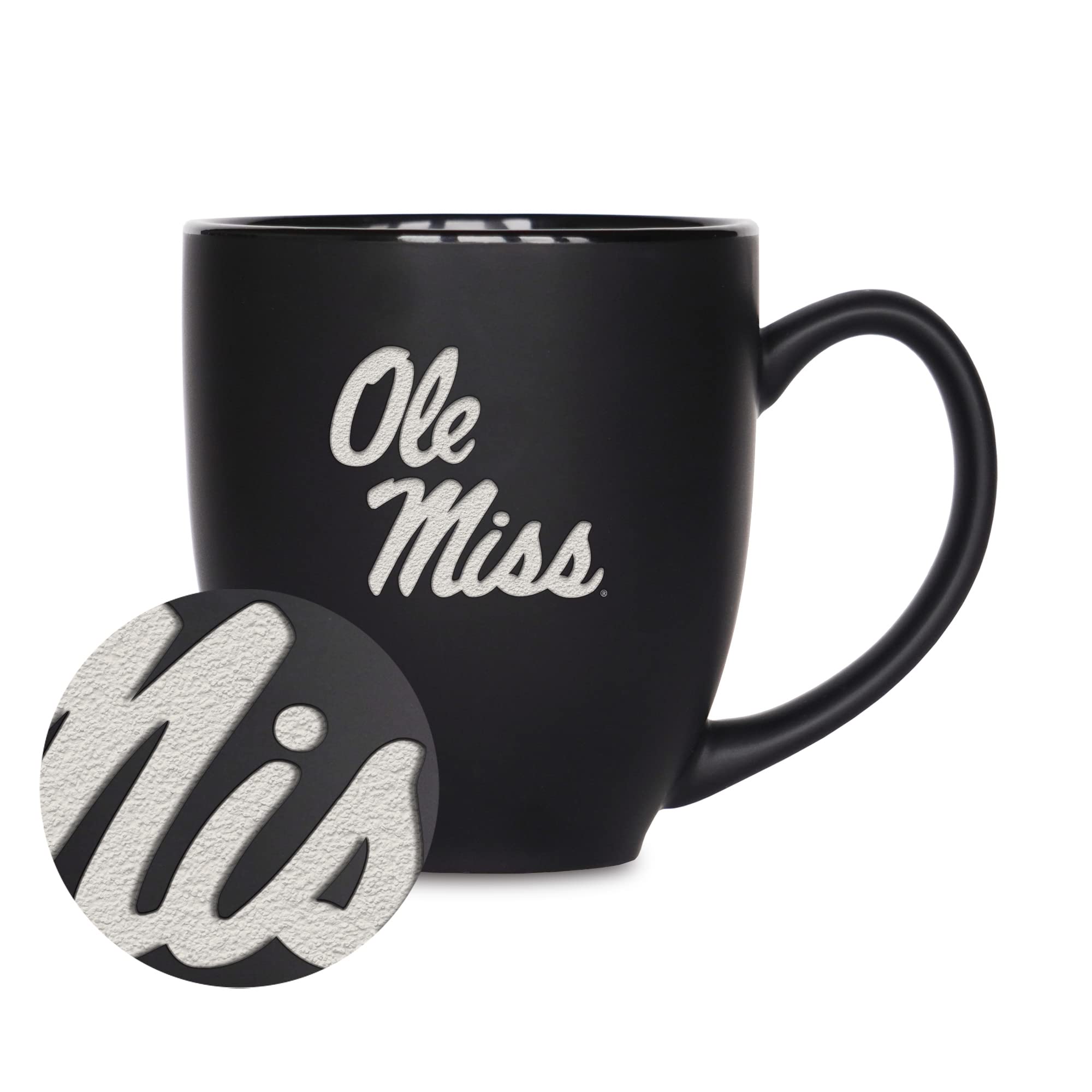 Rico Industries NCAA Mississippi Rebels - Ole Miss Main 15oz Laser Engraved Matte Black Ceramic Bistro Mug - For Hot or Cold Dri
