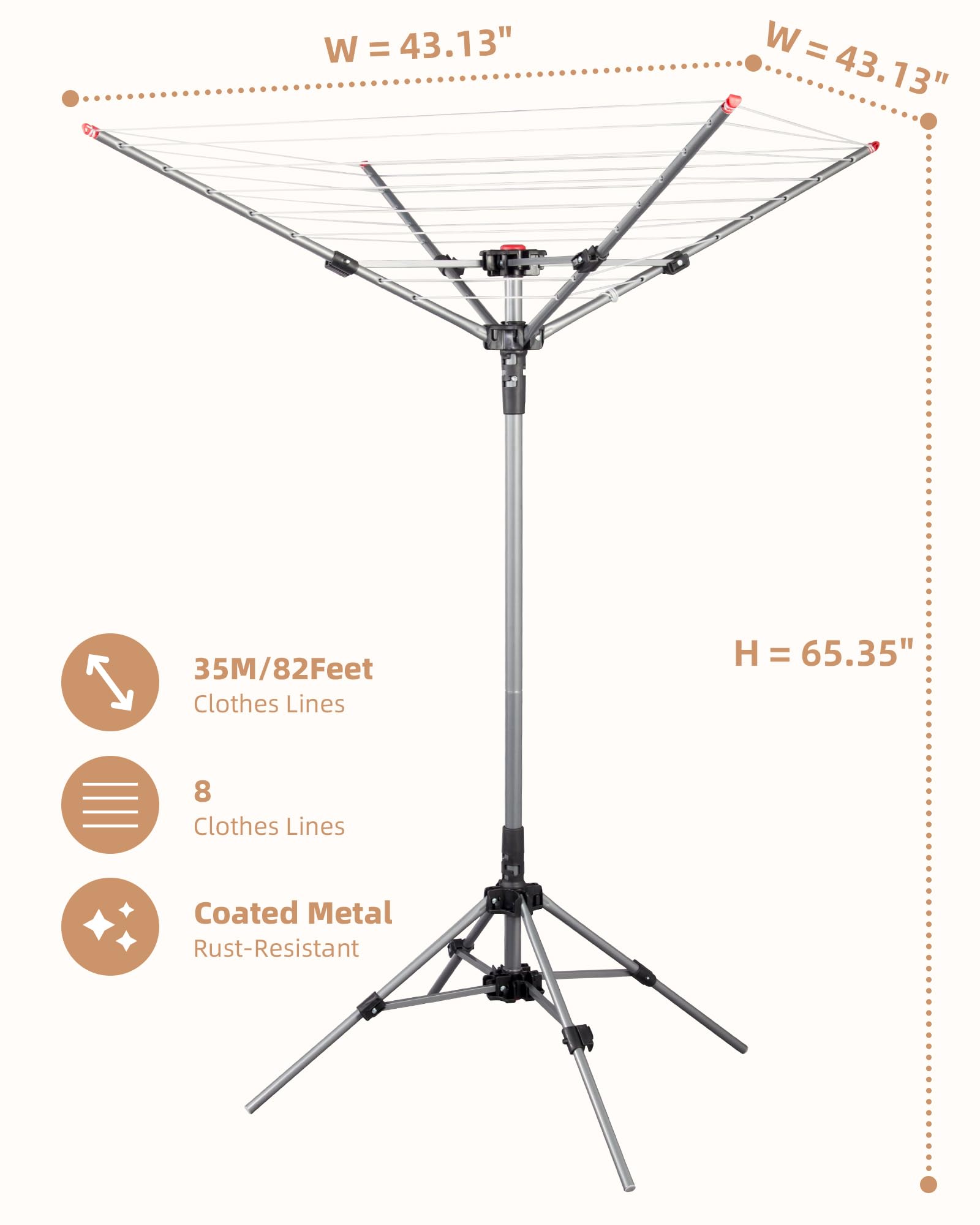 Storage Maniac Outdoor Umbrella Drying Rack, 8 Lines With 82 Feet Drying Space, Steel Frame & Adjustable Height, 4-Arm Umbrella