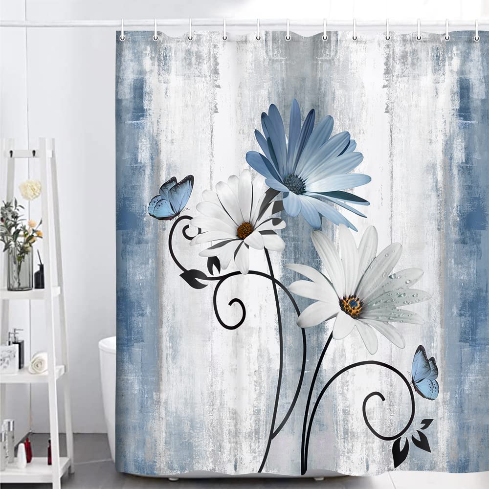 VeiVian Rustic Farmhouse Shower Curtain  Farm Blue Daisy Floral Flowers and Butterfly on Country Wooden Shower Curtain for Bathroom with 12PCS Hooks  70X70IN  Turquoise Blue
