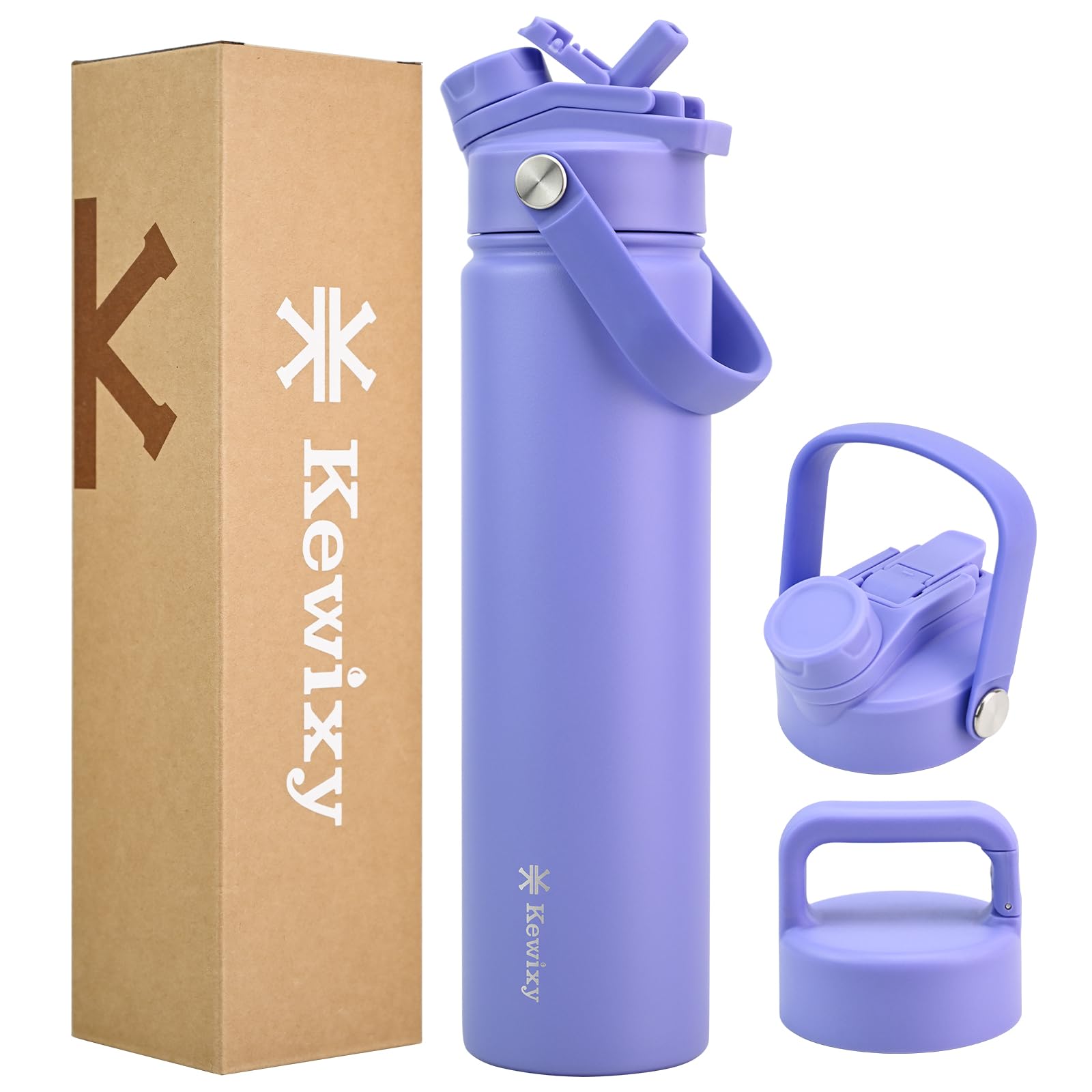 KEWIXY 24 oz Insulated Water Bottle, 2-in-1 Lid, Straw & Spout with Protected, Leak Proof, Keep Cold, Stainless Steel, Metal, Re