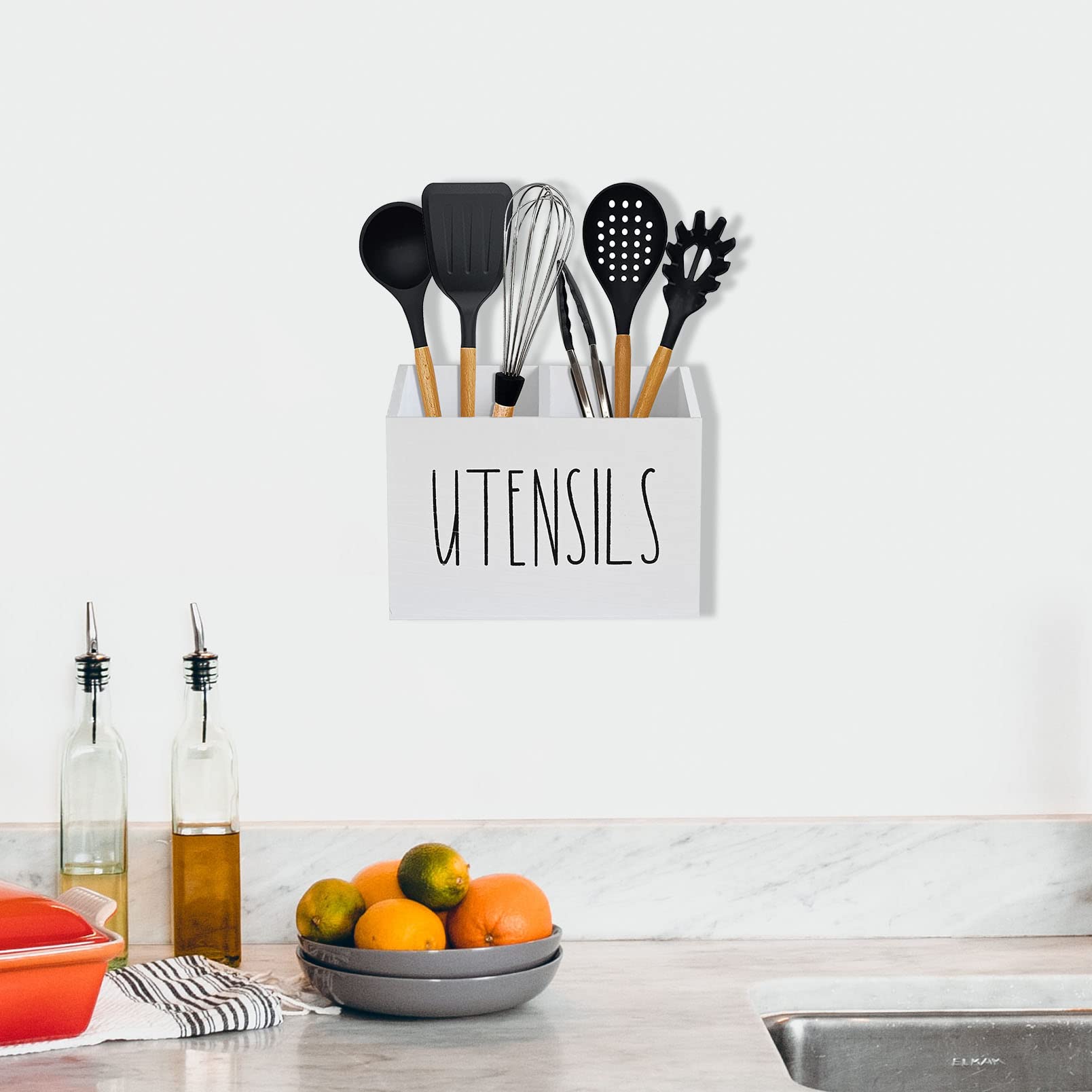 Utensil Holder, Utensil Organizer For Countertop, Farmhouse Utensil Caddy For Kitchen Counter, Spatula Spoon Holder Crocks, Flat