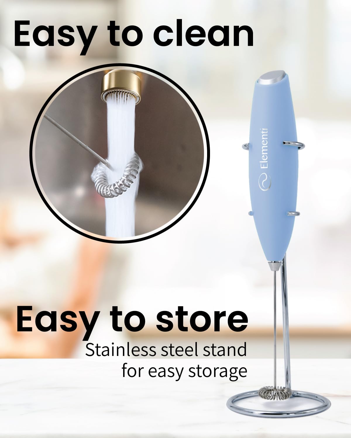 Elementi Milk Frother Wand & Matcha Mixer  Mini Electric Whisk for Coffee - Frother for Coffee - Milk Frother Handheld - Coffee Stirrers Electric Matcha Frother & Hand Whisk (Light Blue)