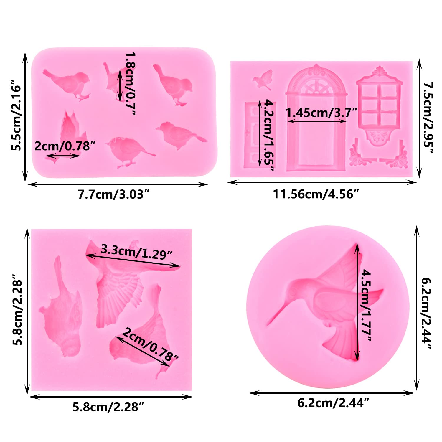 Rfghac 3D Bird Cake Fondant Molds Window Door Silicone Mold For Chocolate Cake Decoration Cupcake Topper Candy Gum Paste Set Of
