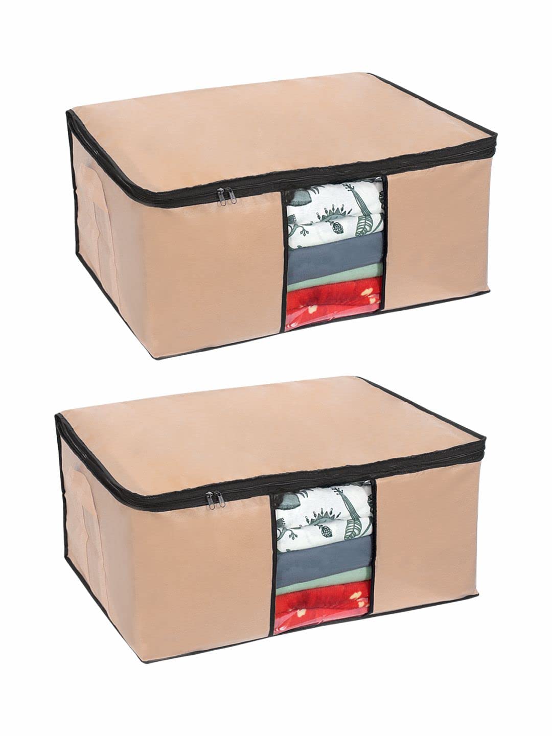 Pretty Krafts Pack Of 2 Non Woven Moisture Proof Underbed Cloth Storage Organizer With Zipper Lock & Handles | Wardrobe Organize