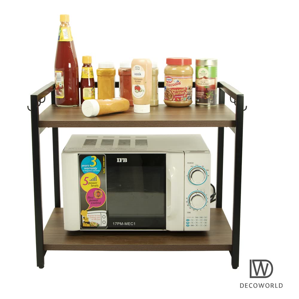 DECOWORLD || Microwave stand || Metal Microwave Stand for Kitchen Counter|| Double Platform for Extra Storage with hooks|| Kitch