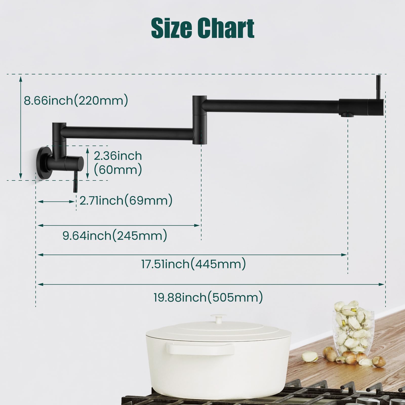 Heyalan Matte Black Pot Filler 19 Inch Wall Mount Folding Stretchable Kitchen Restaurant Faucet Stainless Steel Pot Filler with Double Joint Swing Arm Single Hole Two Handles Commercial NPT