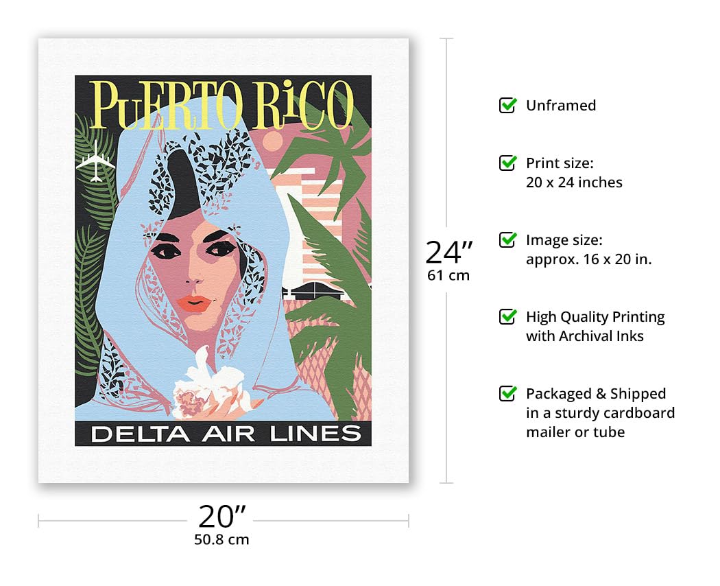 Puerto Rico - Delta Air Lines - Woman In Blue Lace Mantilla - Vintage Airline Travel Poster By John Hardy C.1960S - Fine Art Rol