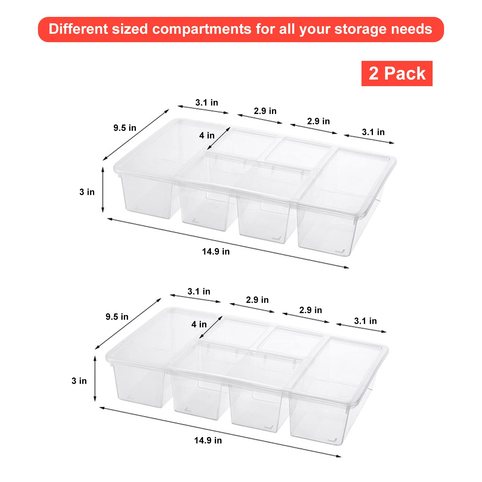 Taiuloo 2 Pack Divided Veggie Tray With Lid, 5 Compartment Snackle Box Container For Fridge, Clear Refrigerator Organizer Bins P