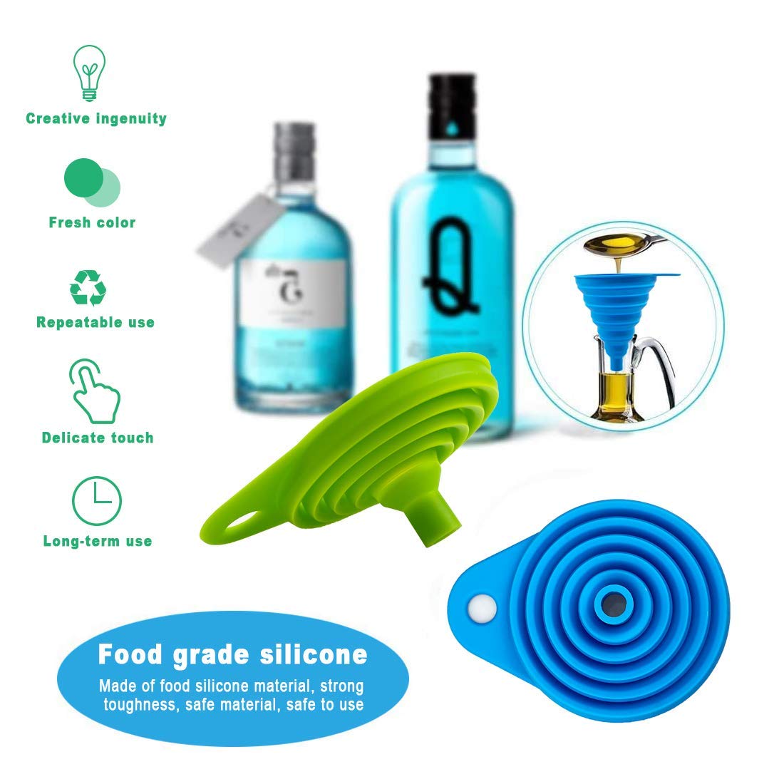 2 Pack Silicone Collapsible Funnel, Flexible Foldable Kitchen Funnel For Water Bottle Liquid Transfer Narrow And Wide Mouth Funn