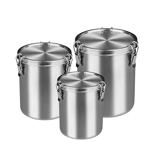 Tanjiae Compact Stainless Steel 100% Airtight Canisters Sets for Small Kitchens | Metal Food Storage Containers with Lids Sealed - Keep Flour  Sugar  Coffee  Tea Fresh for Months (18+35+56 fl oz)