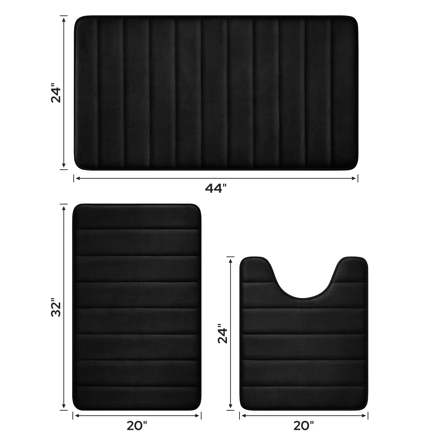 Bysure Black Memory Foam Bathroom Rug Set 3 Piece, Non Slip Extra Soft Absorbent Bath Mats, Machine Washable & Dry Toilet Mat Se