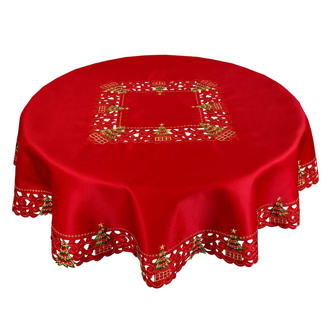 Grelucgo Embroidered Christmas Holiday Holly Tree Tablecloth (52 Inches Round Tablecloth)