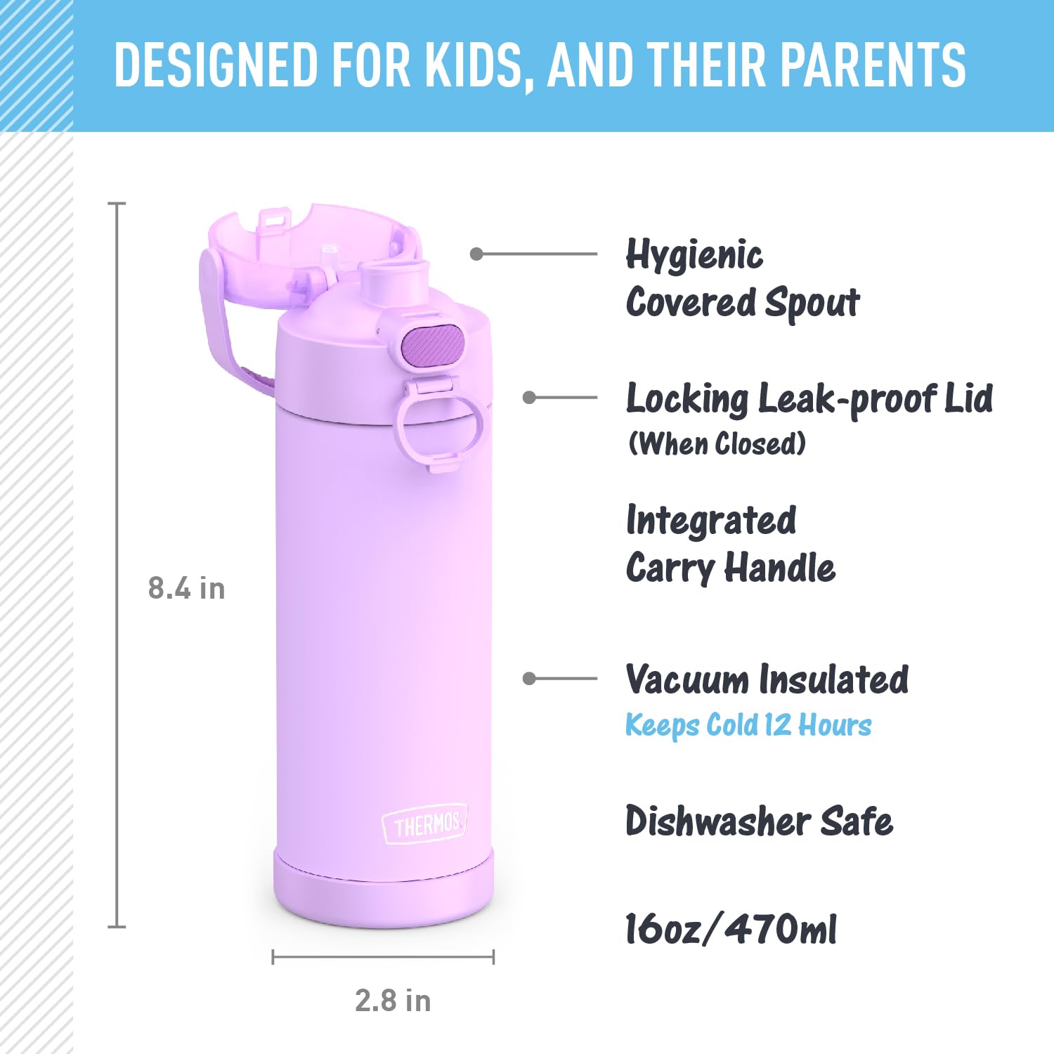 Thermos Funtainer 16 Ounce Stainless Steel Vacuum Insulated Bottle With Wide Spout Lid, Neon Purple