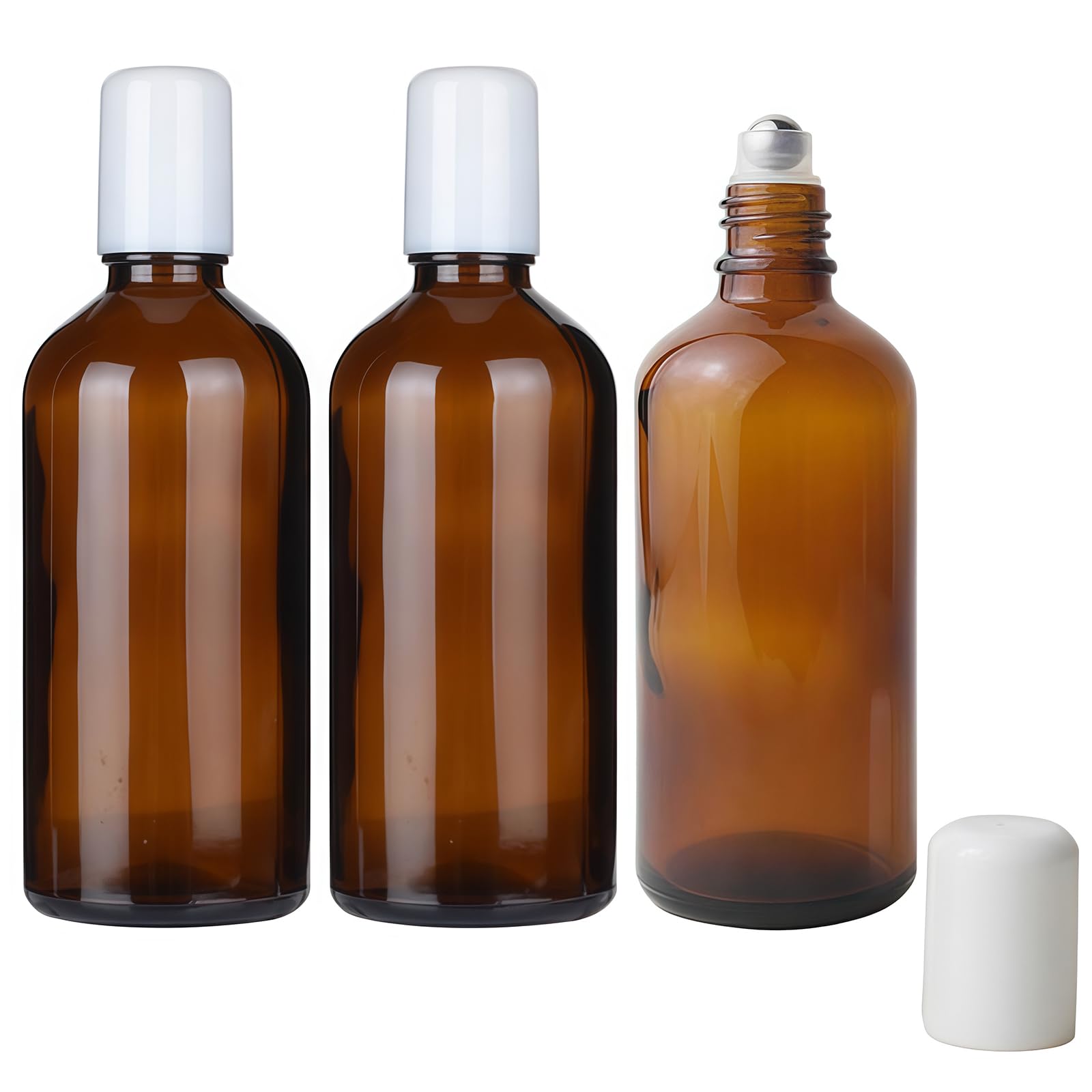 Happyupcity 3Pcs 100ml/3.3oz Empty Refillable Amber Glass Roller Bottle with Stainless Steel Roller Balls and White Cap Travel R