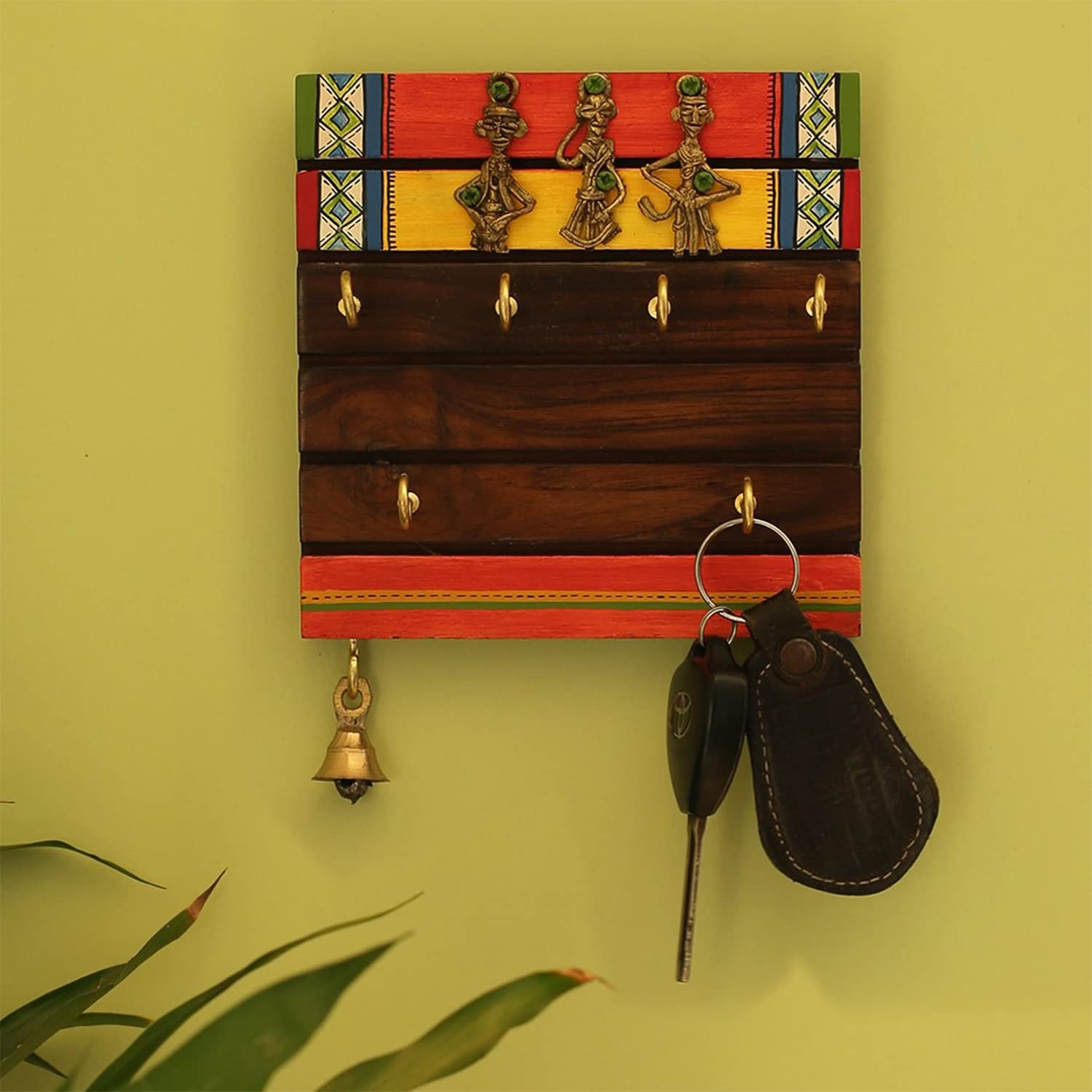 ExclusiveLane Tribal Borders Warli Handpainted Wooden Key Holder for Home Dcor Stylish (6 Hooks, Sheesham Wood)| Key Hangers f