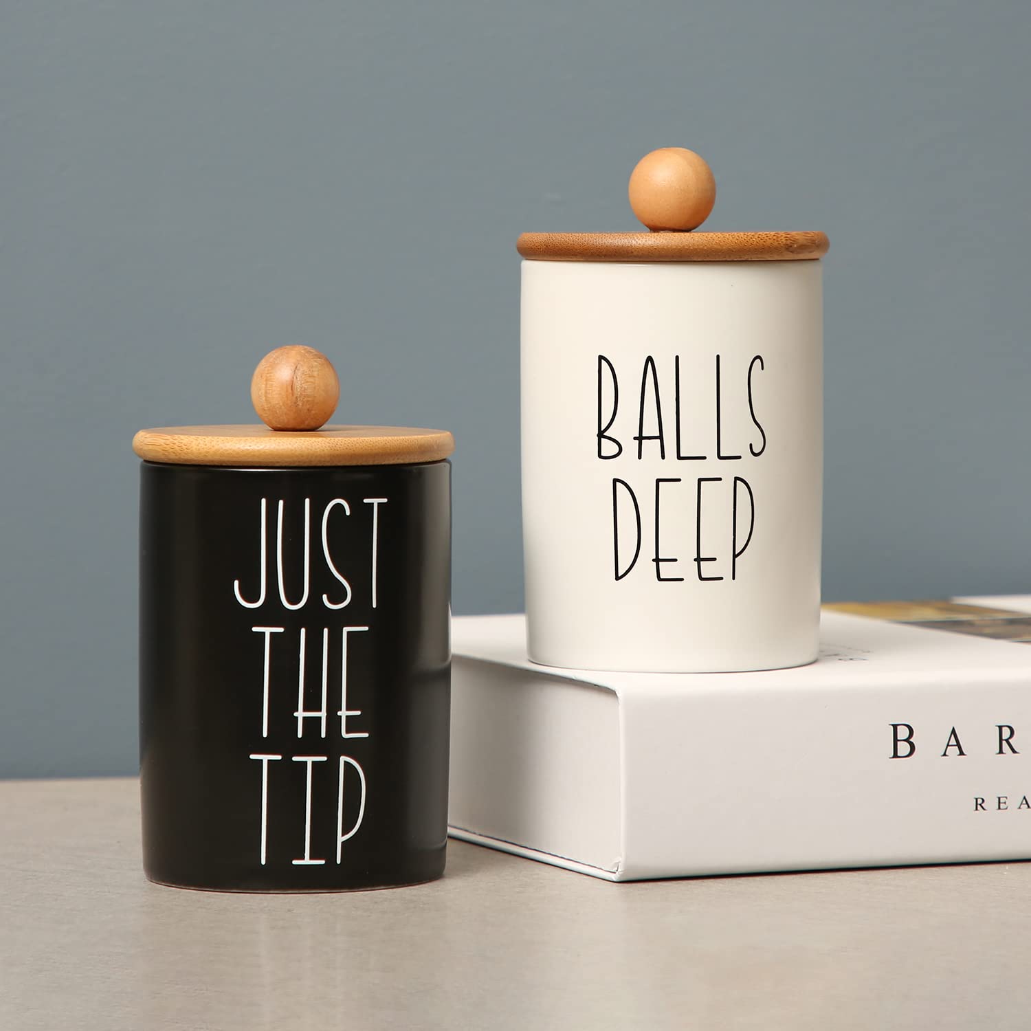 MOMEEMO Apothecary Jars with Lids for Bathroom Organization  Qtip Holder and Cotton Ball Holder are Great for Farmhouse Bathroom Decor  Rustic Bathroom Decor. (Ceramic)