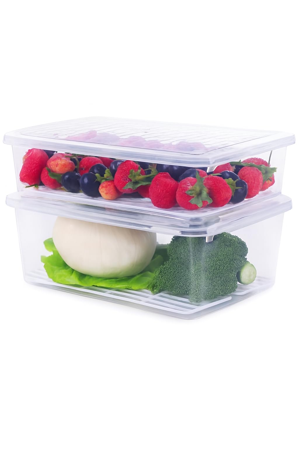 Royalcook Fridge Storage Boxes (Set Of 2) | Bpa Free Food Storage Containers With Removable Drain Plate & Lid | Stackable Freeze