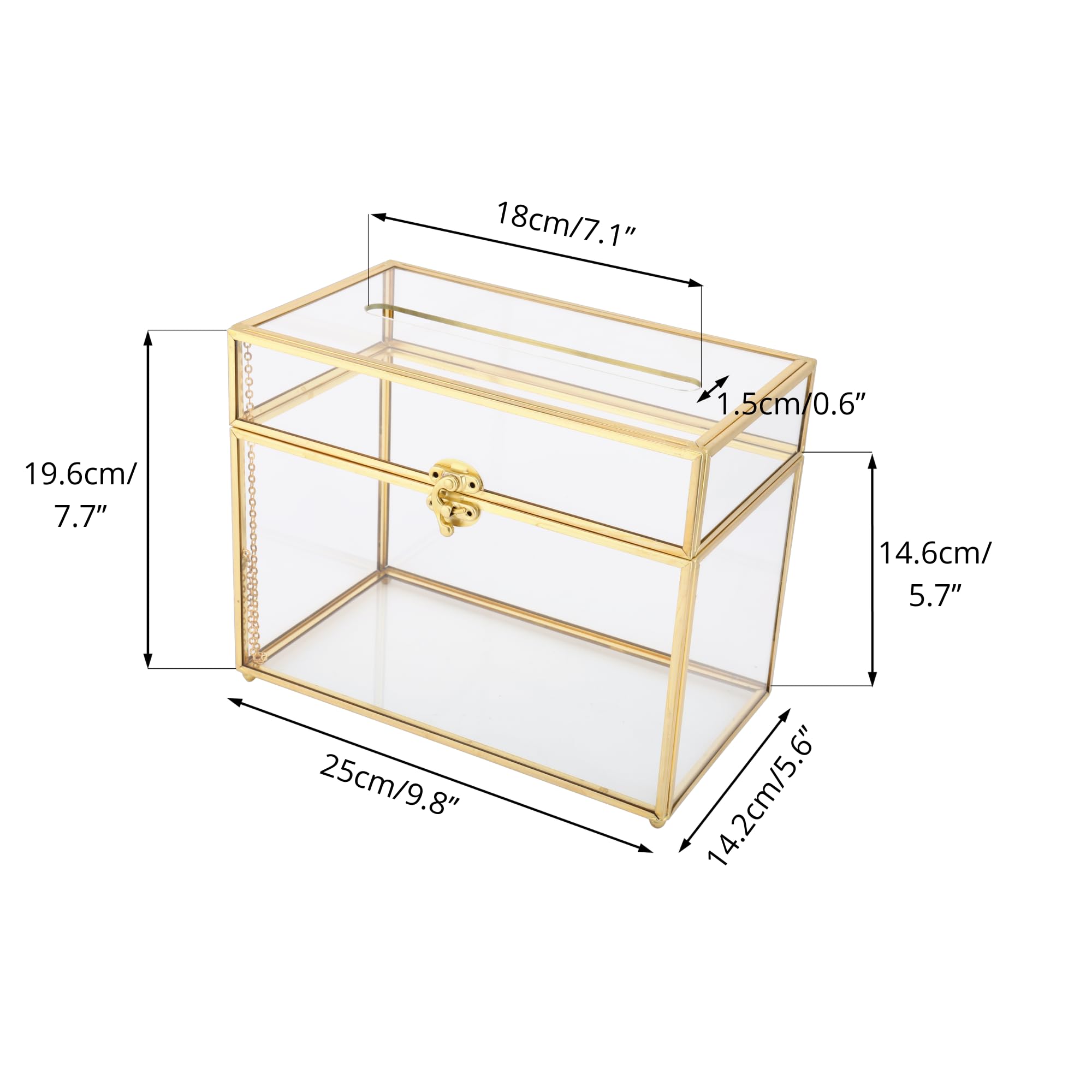 NCYP Small 9.8 x 5.6 x 7.7 Inch Wedding Glass Cards Box with Slot - Gold Envelope Card Holder for Birthday Party Reception, Home