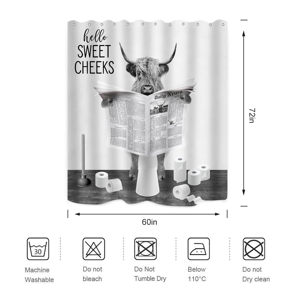 Biysuc Highland Cow Reading Newspaper Shower Curtain Funny Black And White Cattle On Toilet Humor Animals Rustic Farmhouse Style