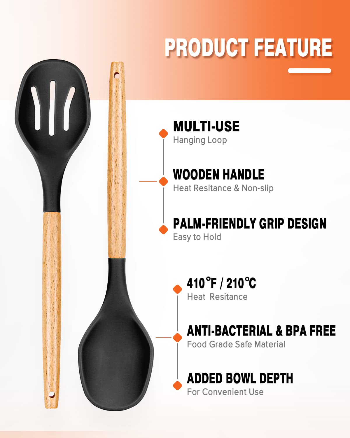 Large Silicone Cooking Spoons, 2 Pack Nonstick Solid And Slotted Wooden Handle Spoon Set, Heat Resistan Silicone Kitchen Spoons