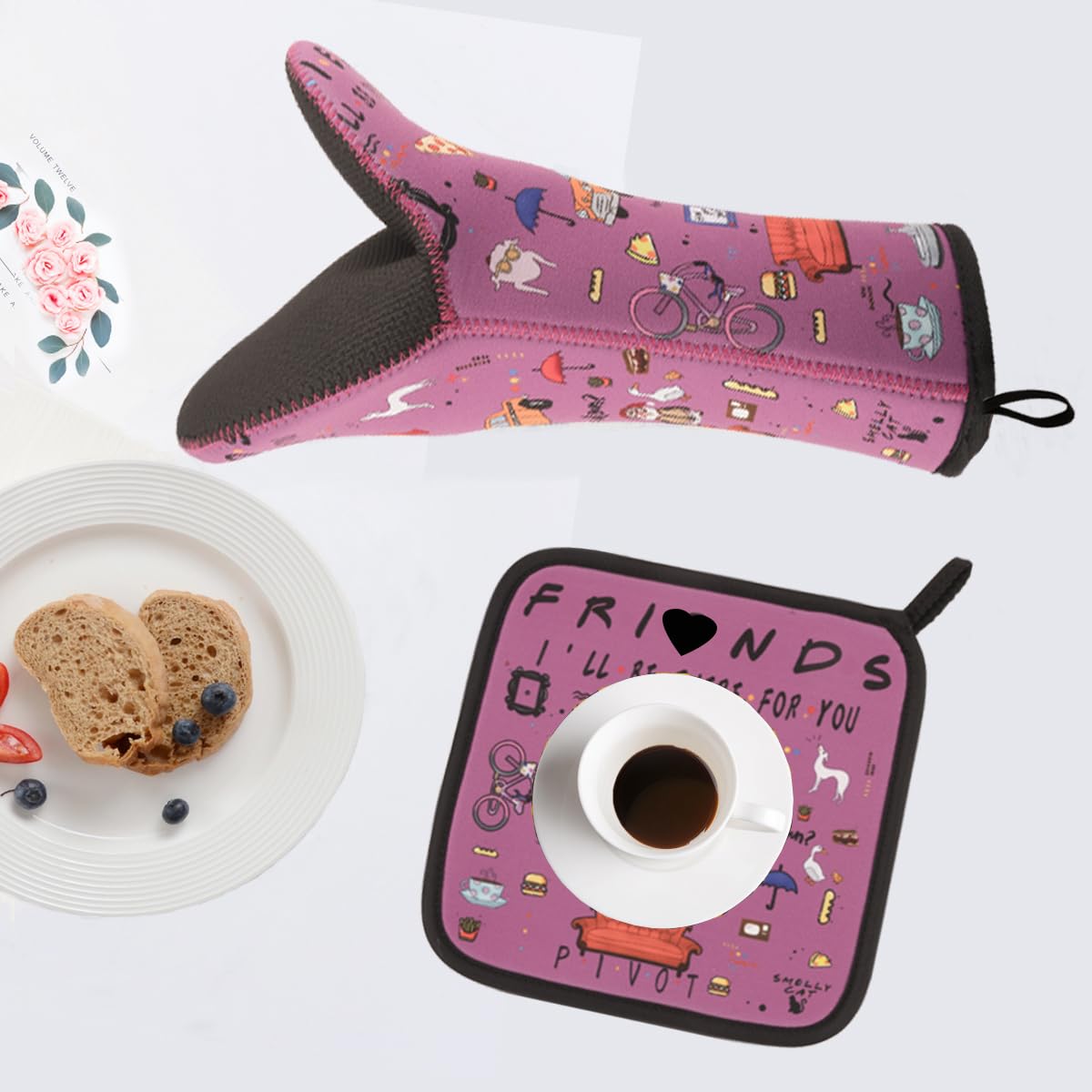 Tnlnyn 5Pcs Funny Kitchen Gifts,Themed Kitchen Decor,Apron,Oven Mitts,Pot Holders,Housewarming Wedding Birthday Mom Wife Mothers