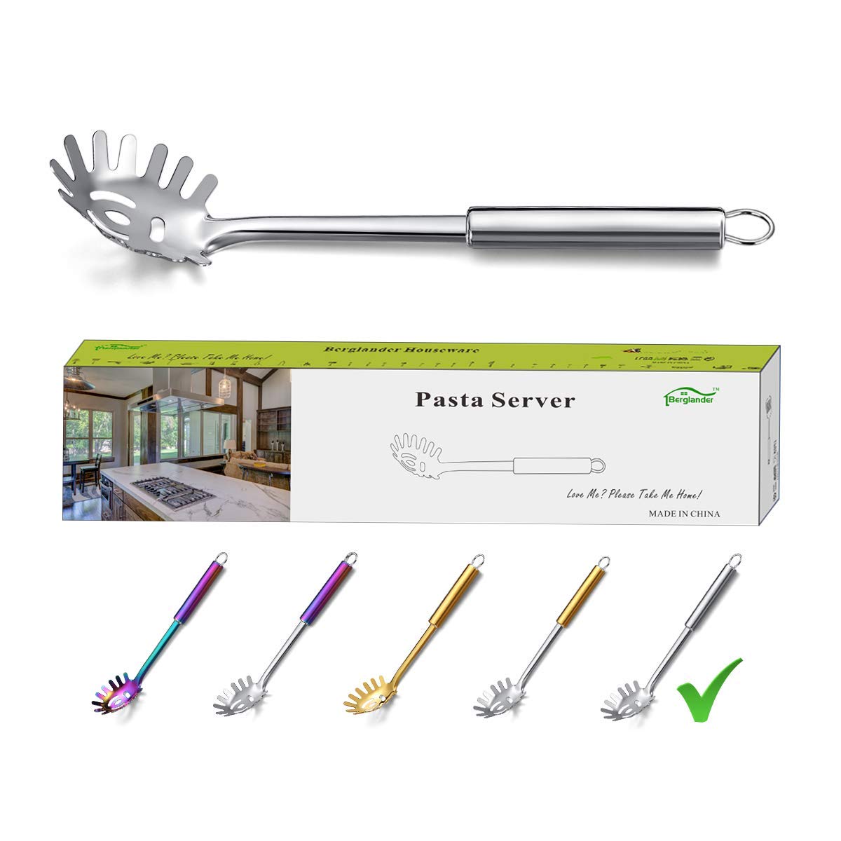 Berglander Pasta Fork, Stainless Steel Pasta Server, Spaghetti Spoon, Spaghetti Server, Noddle Fork, Heat Resistant (Silver)