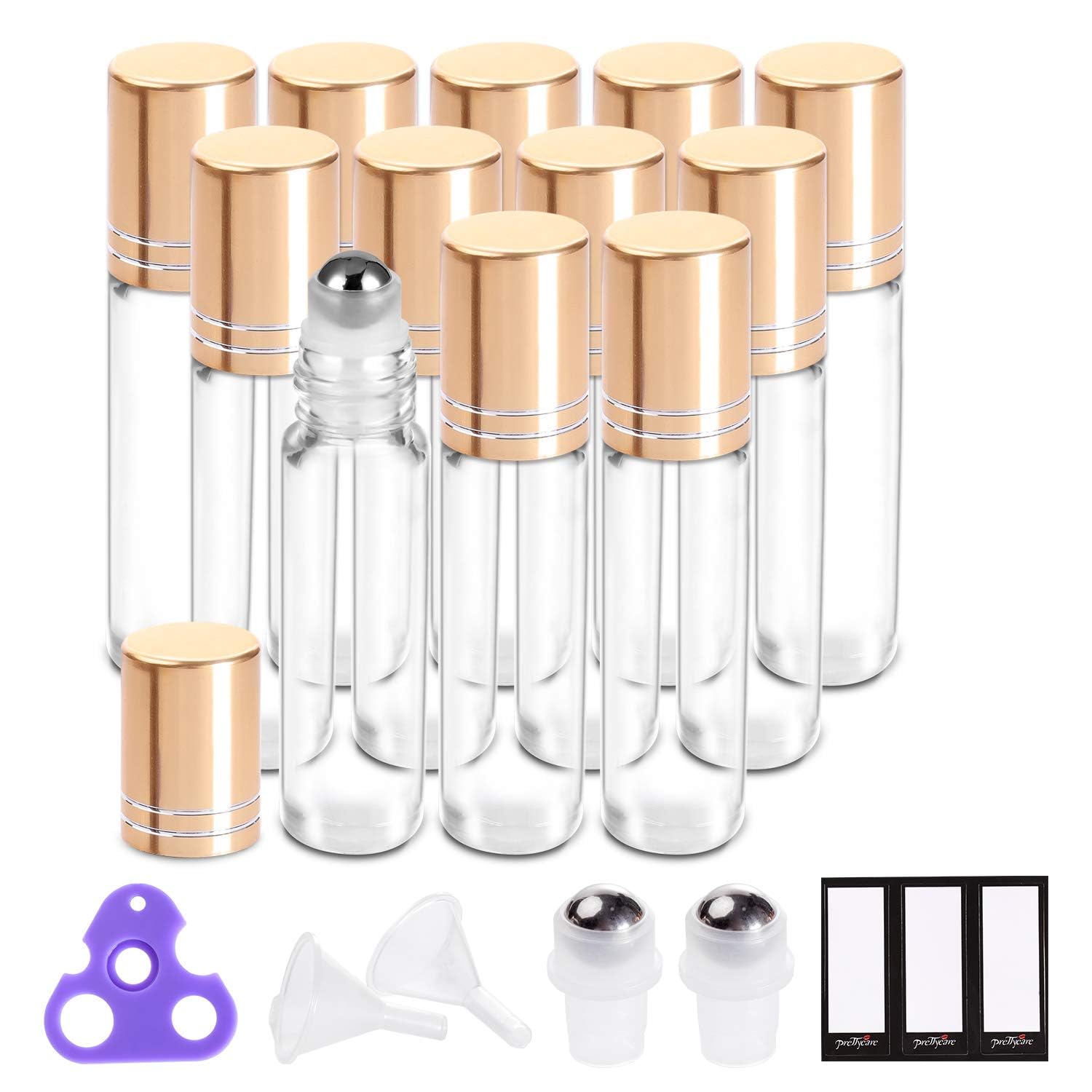 PrettyCare Essential Oil Roller Bottles 10ml (Clear Glass Bottle with Gold Cap  12 Pack  2 Extra Stainless Steel Balls  24 Labels  Opener  Funnels for Oils  Roller on Bottles