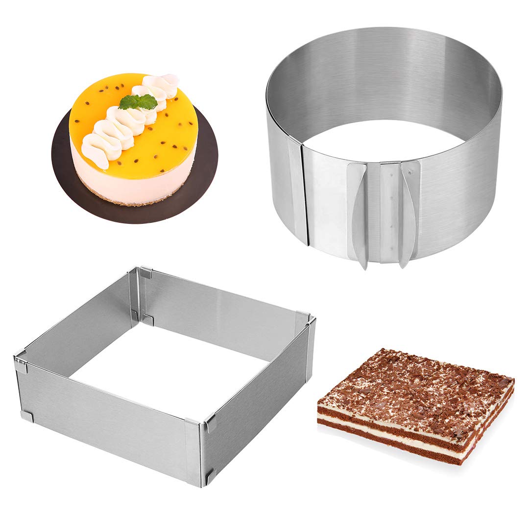 Meichu Adjustable Cake Ring 2 Pack, 6 To 12 Inch Stainless Steel Mousse Cake Mold Ring With Scaling For Kitchen Diy Pastry, Squa