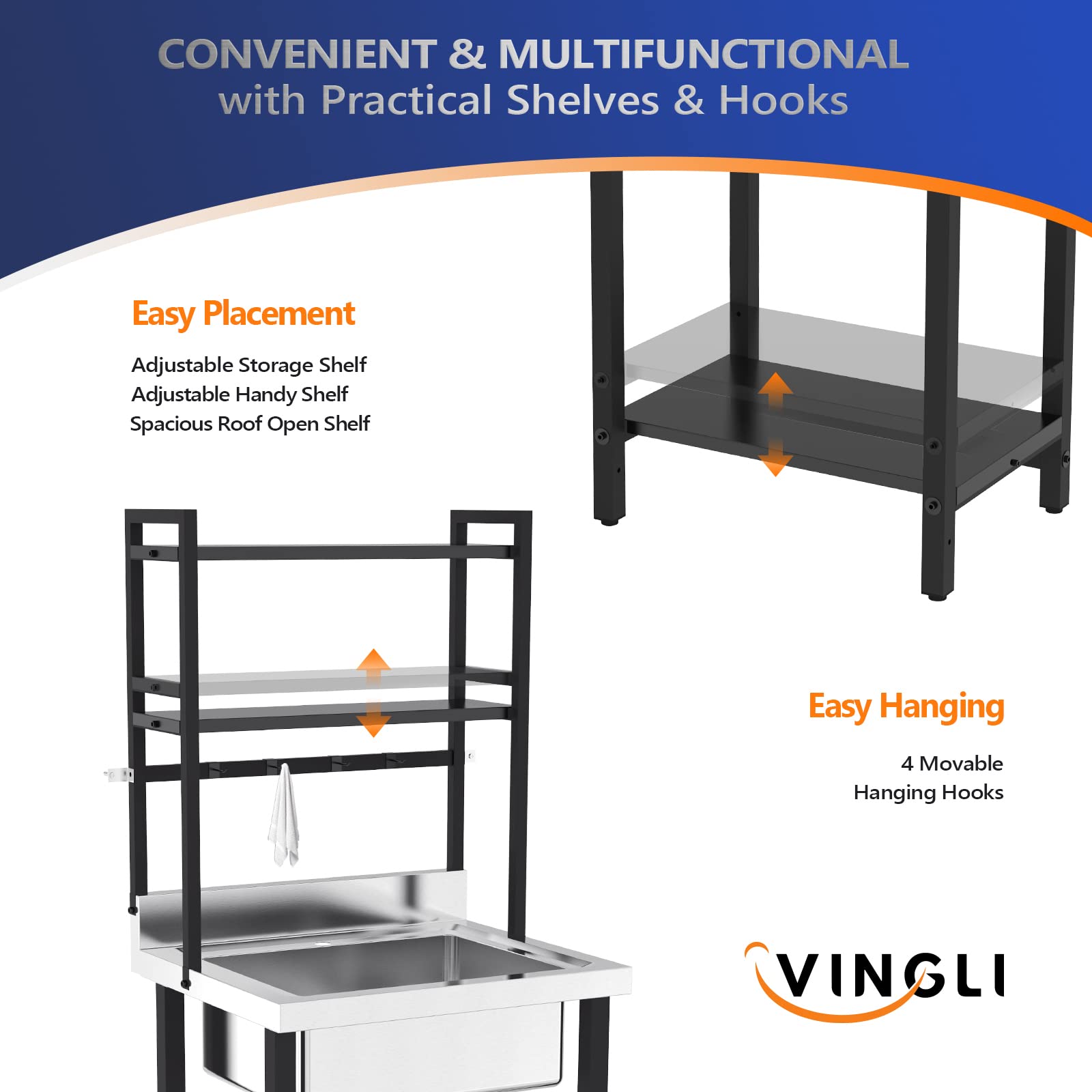 Vingli 67''H Commercial Sink 304 Stainless Steel Sink With Adjustable Shelves And Hanging Rod With Hooks, Freestanding Utility S