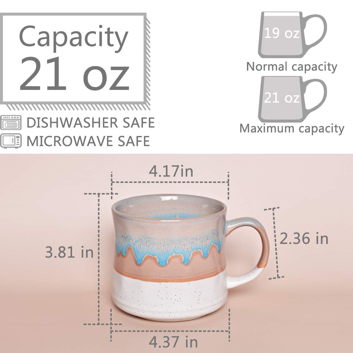 Bosmarlin Large ceramic coffee Mug, Big Tea cup, 7 colors to choose, 21 Oz, Dishwasher and Microwave Safe, 1 PcS (White)