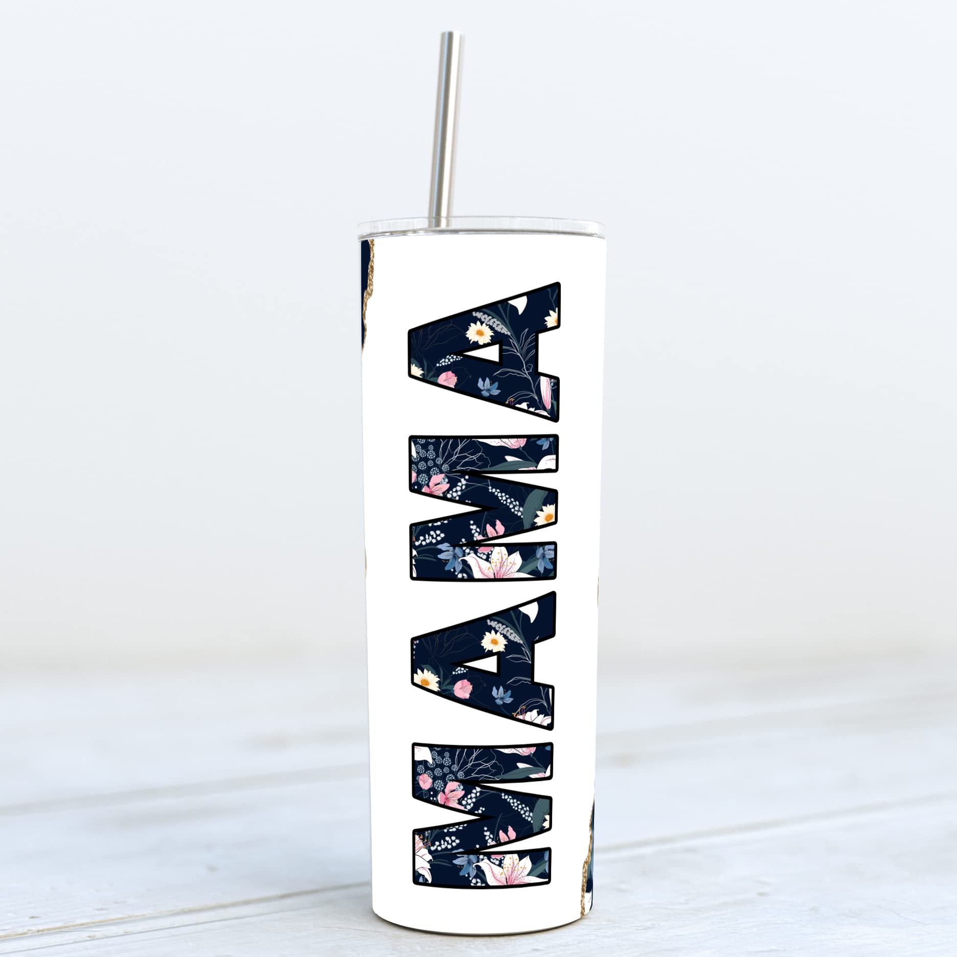 Younique Designs Navy Floral Mama Coffee Tumbler With Straw And Lid, 20 Oz, Insulated Stainless Steel Skinny Tumbler For Women,