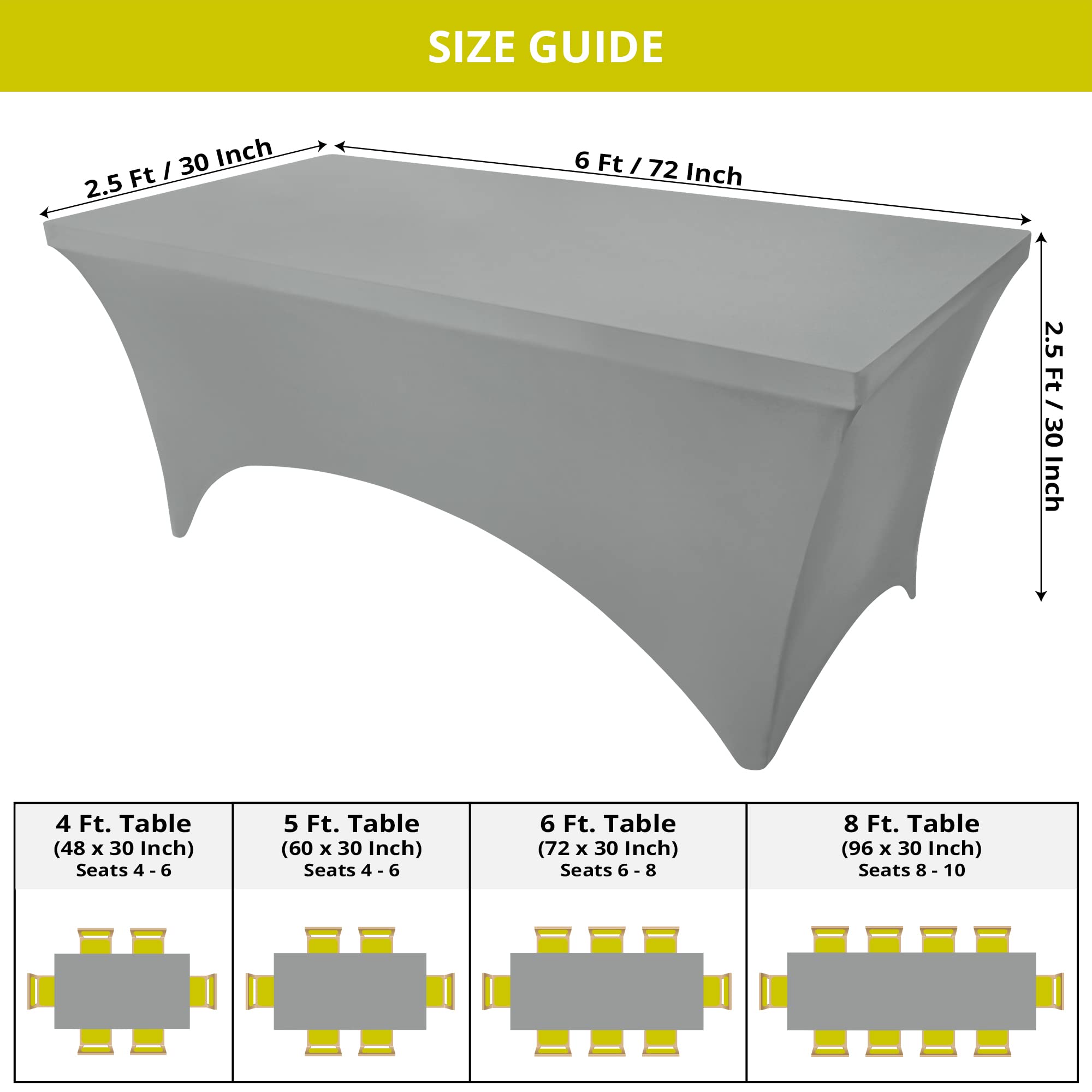 Utopia Kitchen Spandex Tablecloth 2 Pack [6FT  Grey] Tight  Fitted  Washable and Wrinkle Resistant Stretch Rectangular Patio Table Cover for Event  Wedding  Banquet & Parties [72Lx30Wx30H Inch]