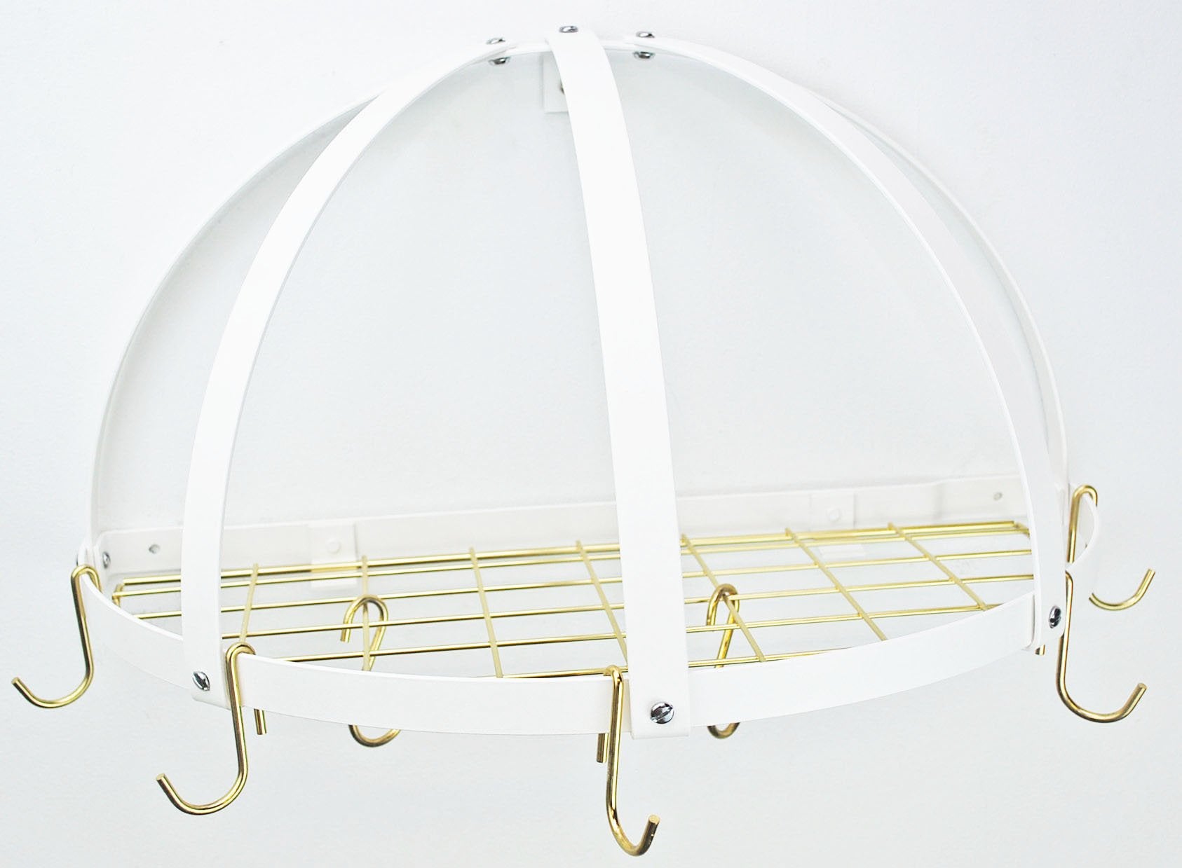 Half Dome Pot Rack w Grid in Black w Chrome Hooks (White/Brass)