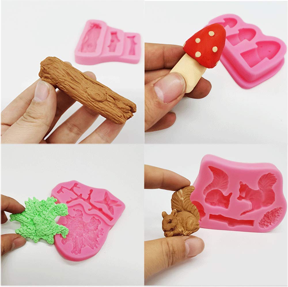4Pcs/Set Forest Themed Fondant Molds Animal Tree Trunk Squirrel Mushroom Pinecones Lumberjack Gumpaste Chocolate Candy Mold Stum