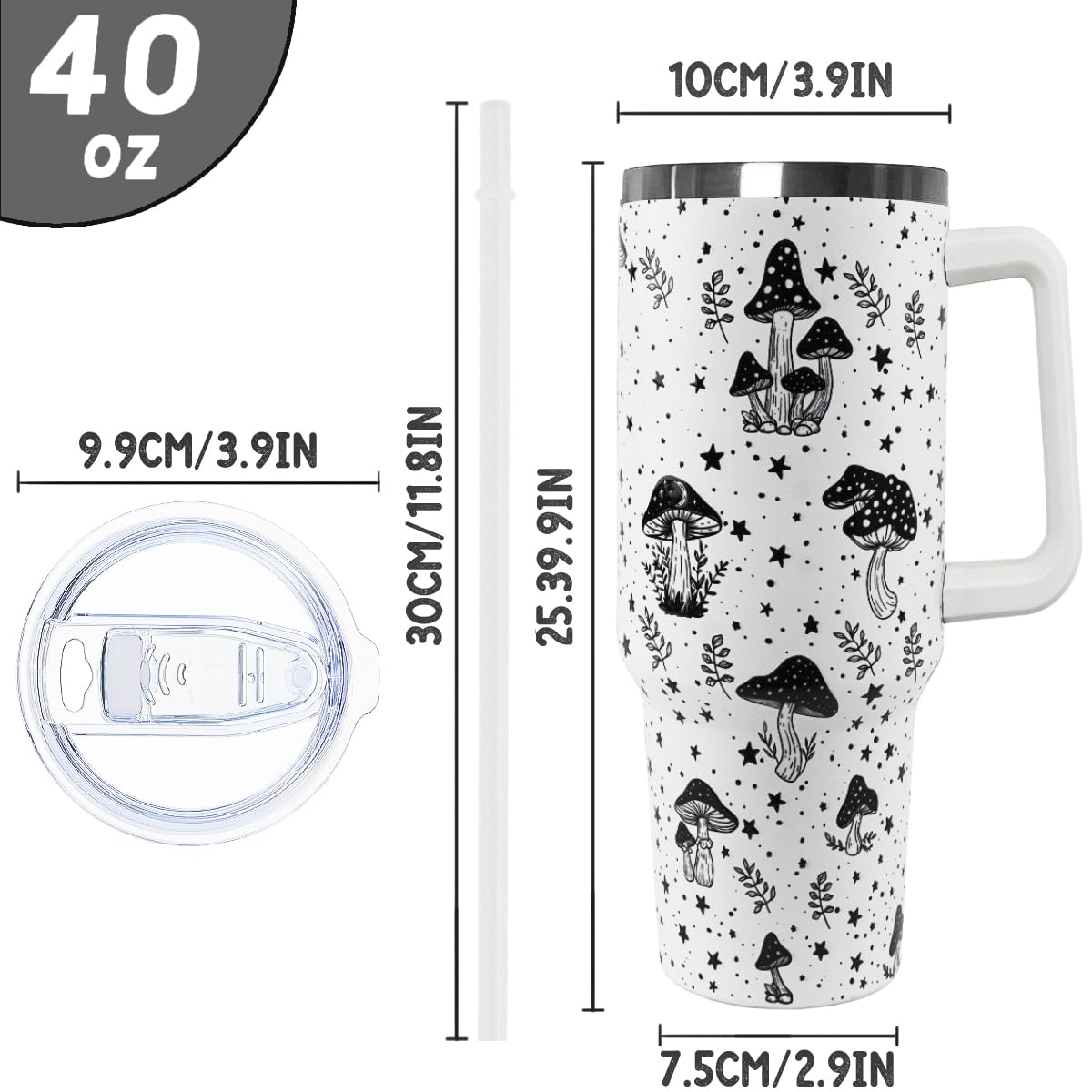 Nqhsionv Mushroom Tumbler with Handle and Straw 40 oz Retro Goth Mushroom Cups Coffee Travel Mug Stainless Steel Insulated Water