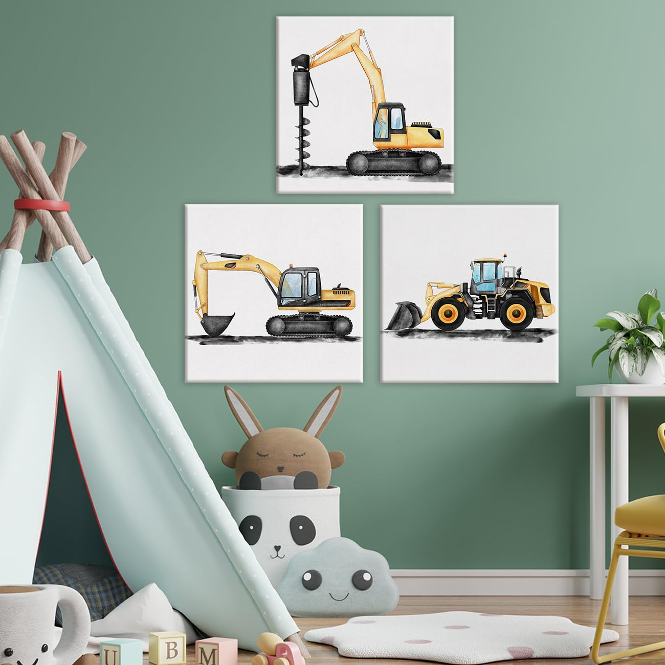 Set Of 3 Construction Truck Nursery Canvas Wall Art Framed Paintings Prints Watercolor Digger Dump Truck Vehicle Art Canvas Wall
