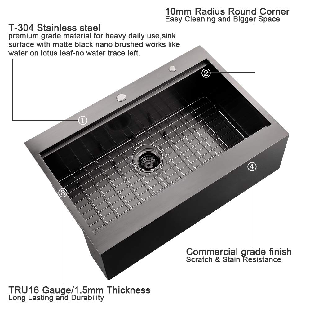 33 Inch Farmhouse Drop In Kitchen Sink Workstation Black- 33X22 Inch Black Stainless Steel Drop In Apron Front Farmhouse Sink Wo