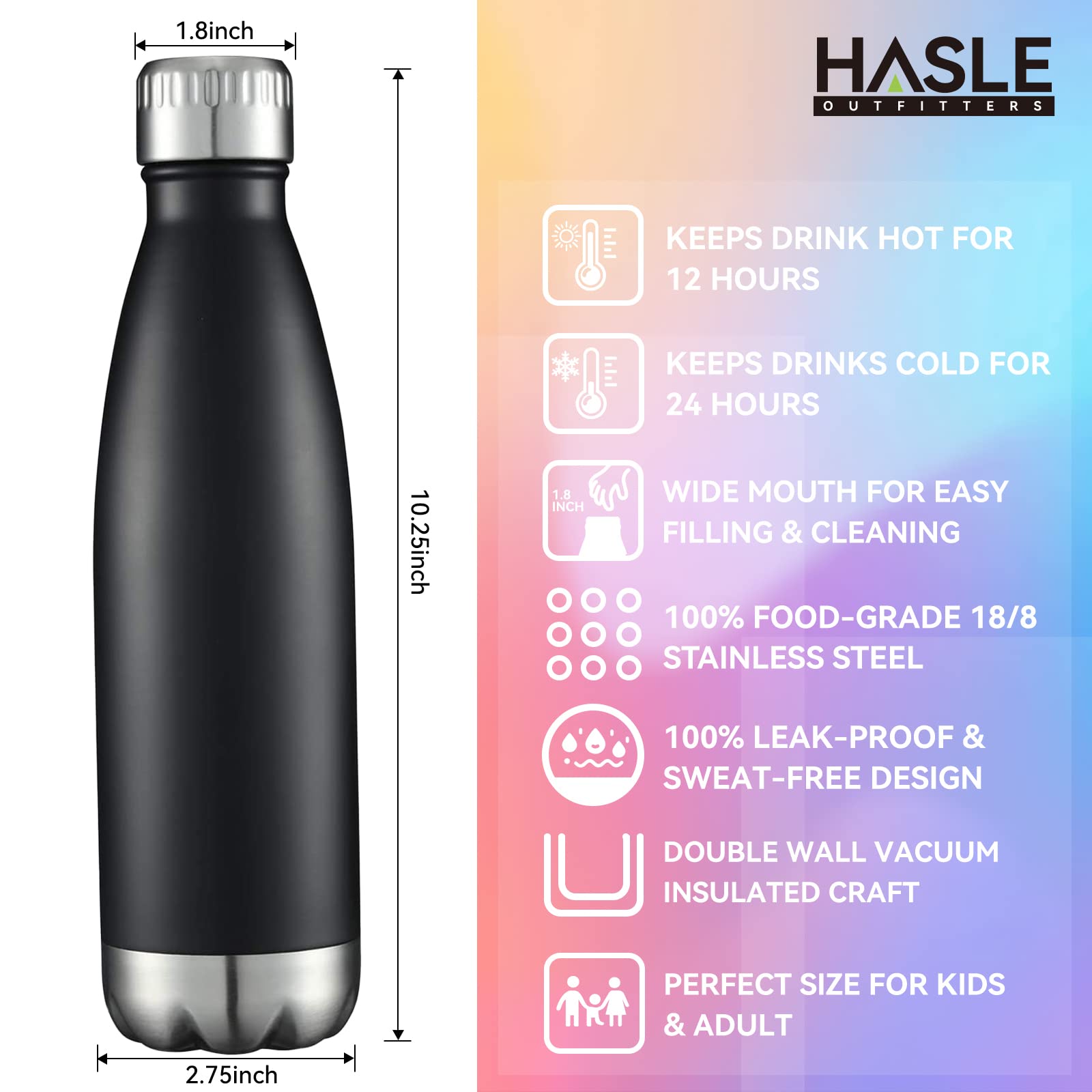 Hasle Outfitters 17Oz Stainless Steel Water Bottles, Vacuum Insulated Water Bottles Double Walled Reusable Metal Sports Water Bo