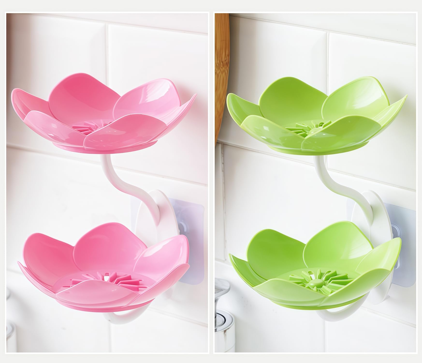 2 Pack Soap Dish Holder for Shower Bar Double Layer Cute Lotus Shape Adhesive Tray Sink Wall Mounted Shampoo NO-Drilling Self Dr