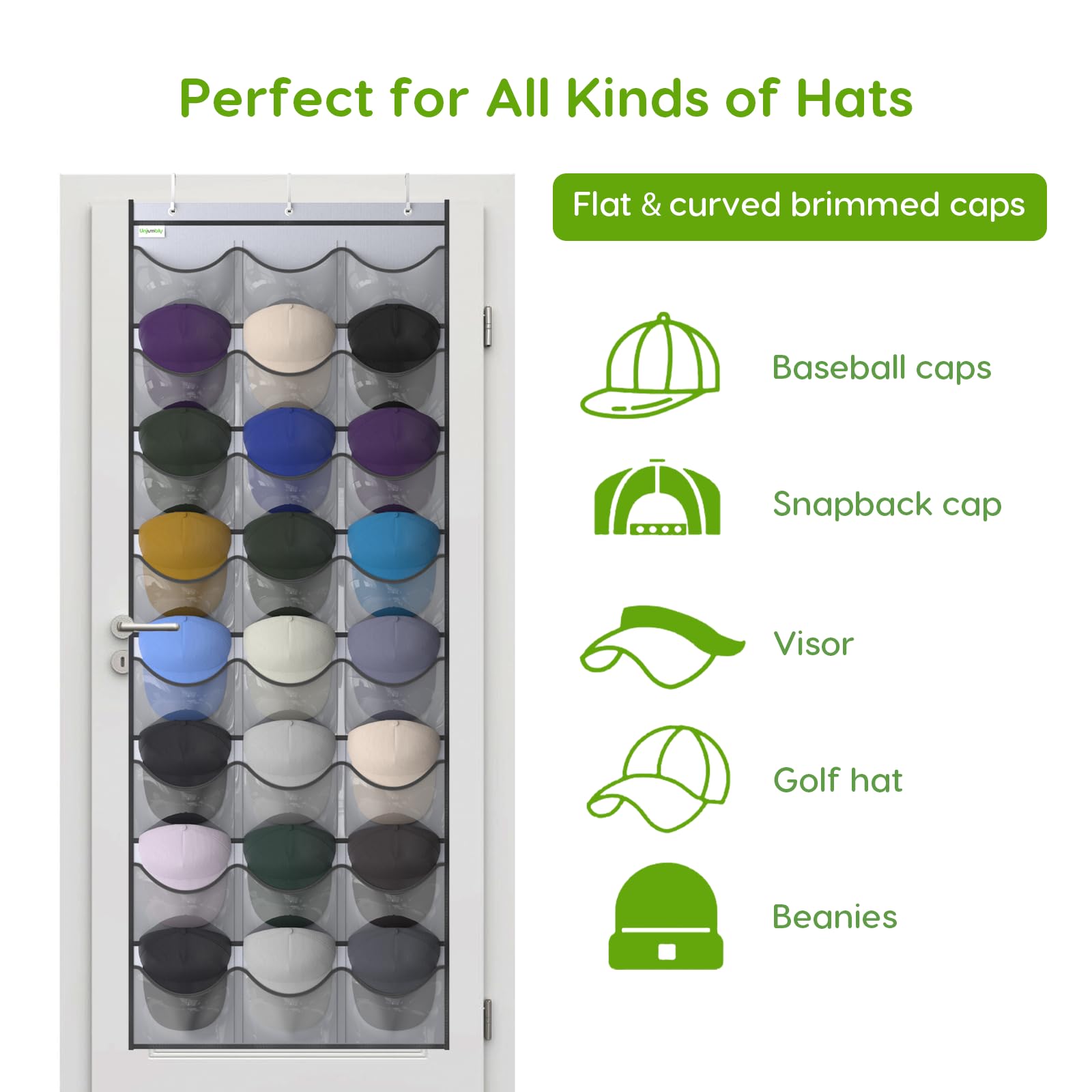 Unjumbly Over-The-Door Baseball Hat Rack, 24 Pocket Organizer, Grey Oxford 600D Fabric, Fits 1 3/8" & 1 3/4" Doors
