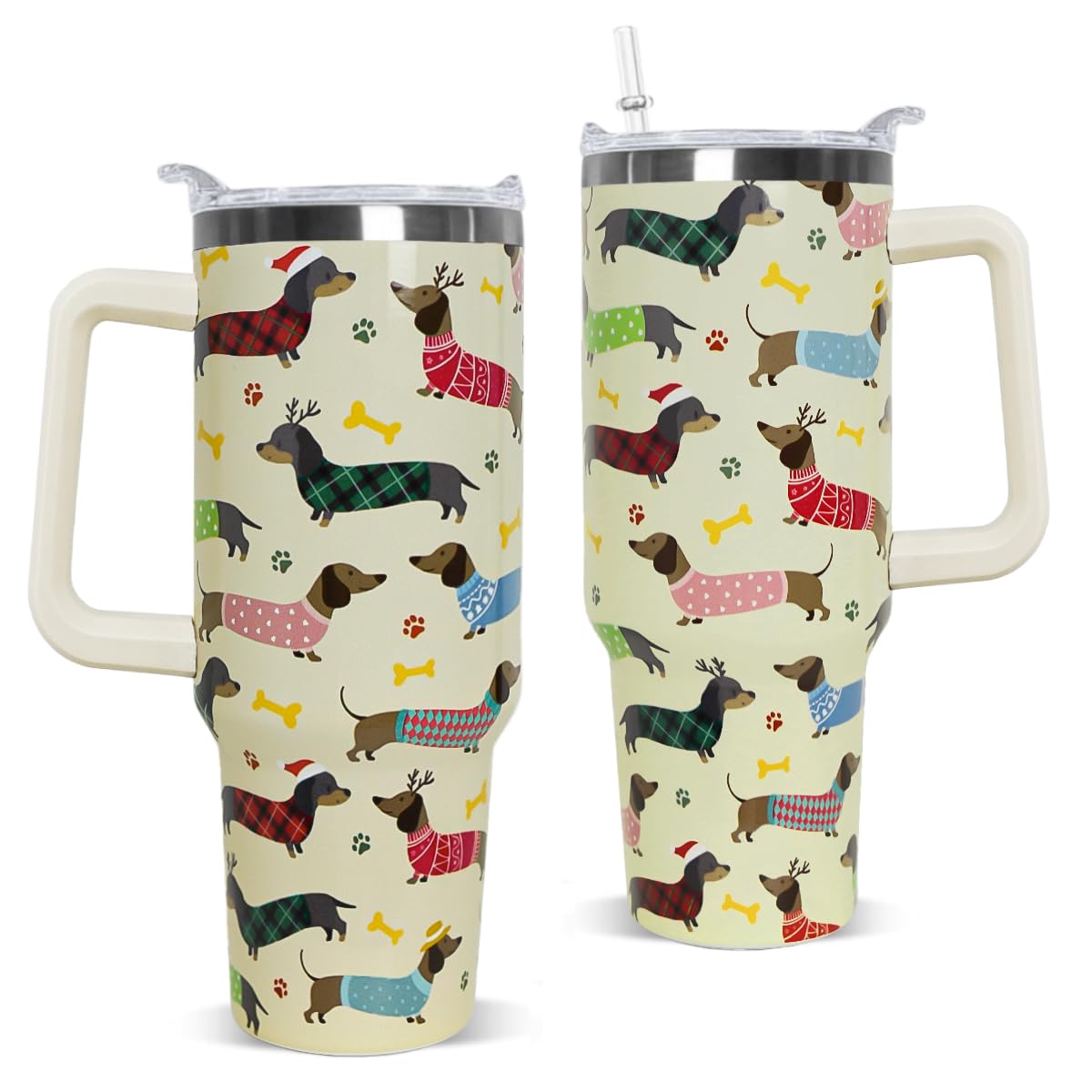 Nqhsionv Dachshund Tumbler with Handle and Straw 40 oz Christmas Cup Weiner Dog Coffee Travel Mug Stainless Steel Insulated Wate