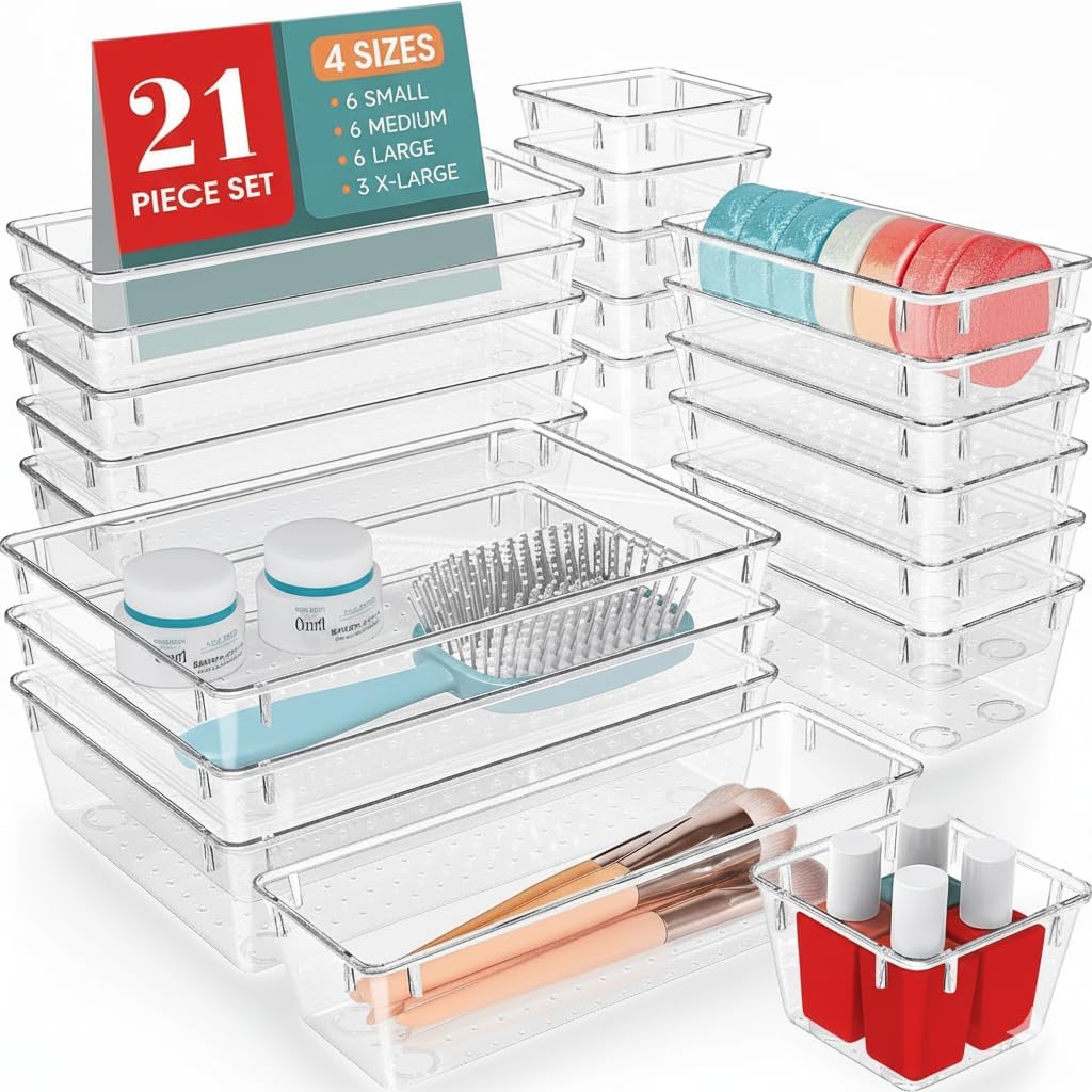 Jern Clear Plastic Drawer Organizer Set, 21 Piece, 4 Sizes Storage Bins With NonSlip Interior, Stackable Dividers For Makeup, J