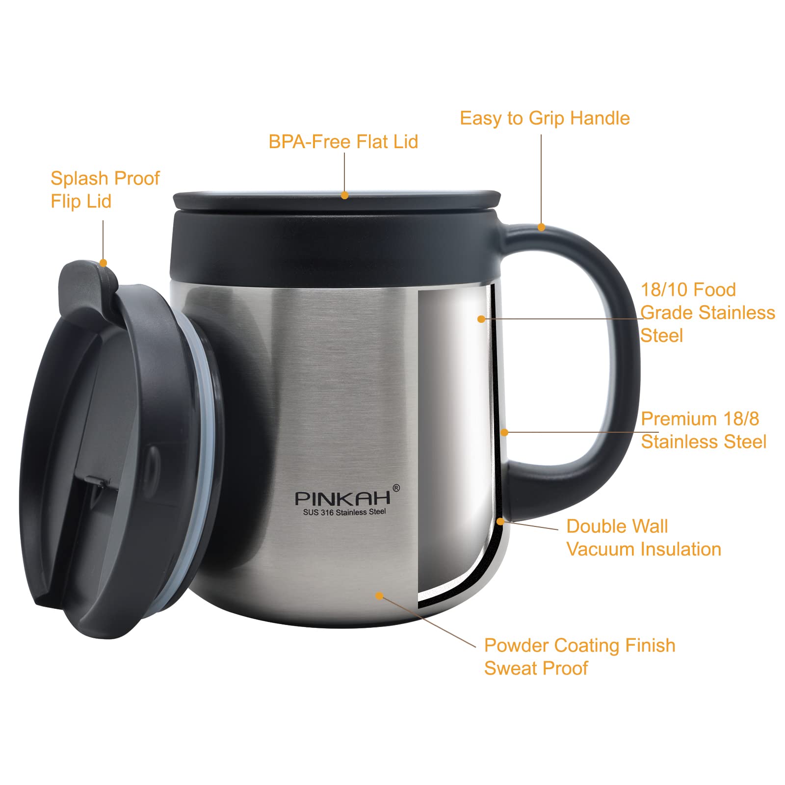 Pinkah 16Oz Stainless Steel Insulated Coffee Mug With Handle And Lid, Double Wall Vacuum Coffee Tumbler Thermal Cup With 2 Lids