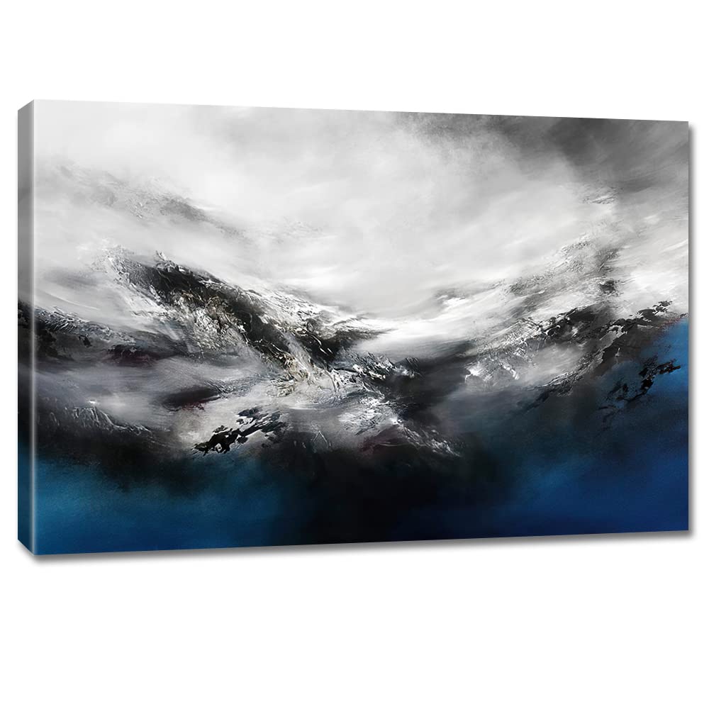 Large Abstract Canvas Wall Art Modern Graffiti Art Paintings Blue And Grey Paint A Storm Scene On White Background Framed Artwor