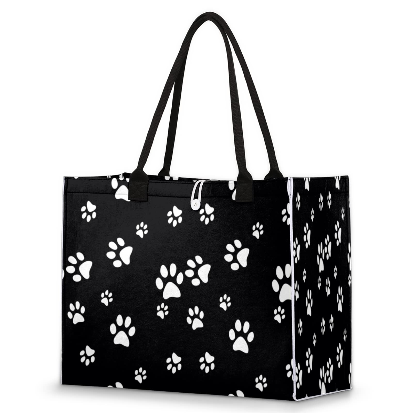 Auuxva Beach Tote Bag White Puppy Paw Print Black Large Travel Bag Utility Tote Bag Women Shoulder Bag Reusable Grocery Bag With