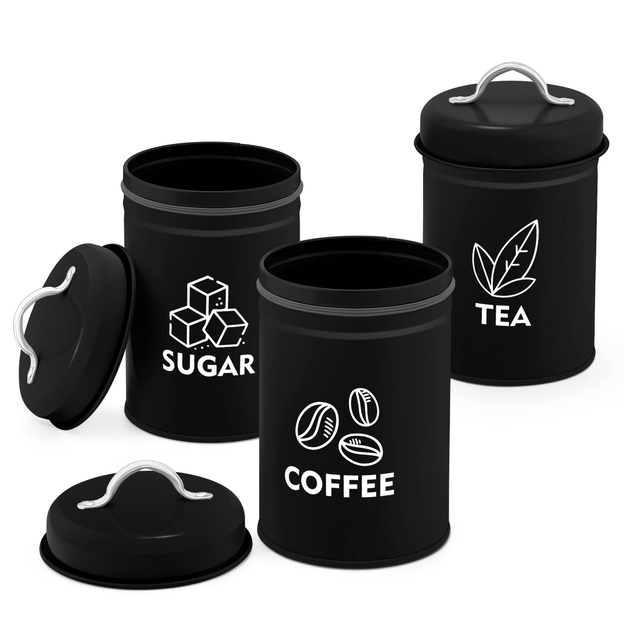 Teamfar Kitchen Canisters Set Of 3, Coffee Sugar Tea Canister Sets For Kitchen Counter, Black Metal Farmhouse Decor Storage Cont
