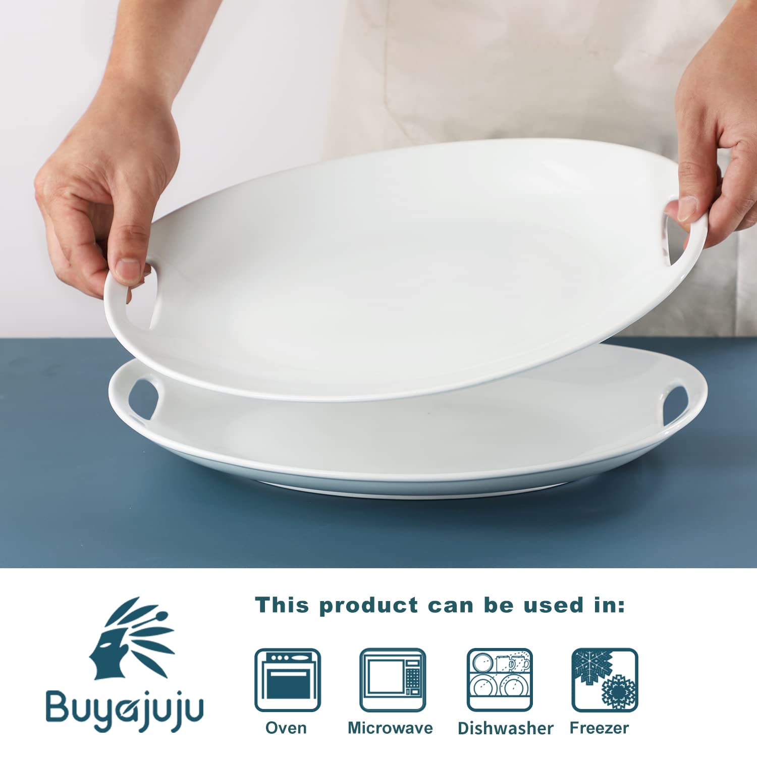 Buyajuju Porcelain Serving Platter With Handles, 14'' Serving Dishes For Entertaining, Oval Serving Tray For Salad, Stew, Fruits