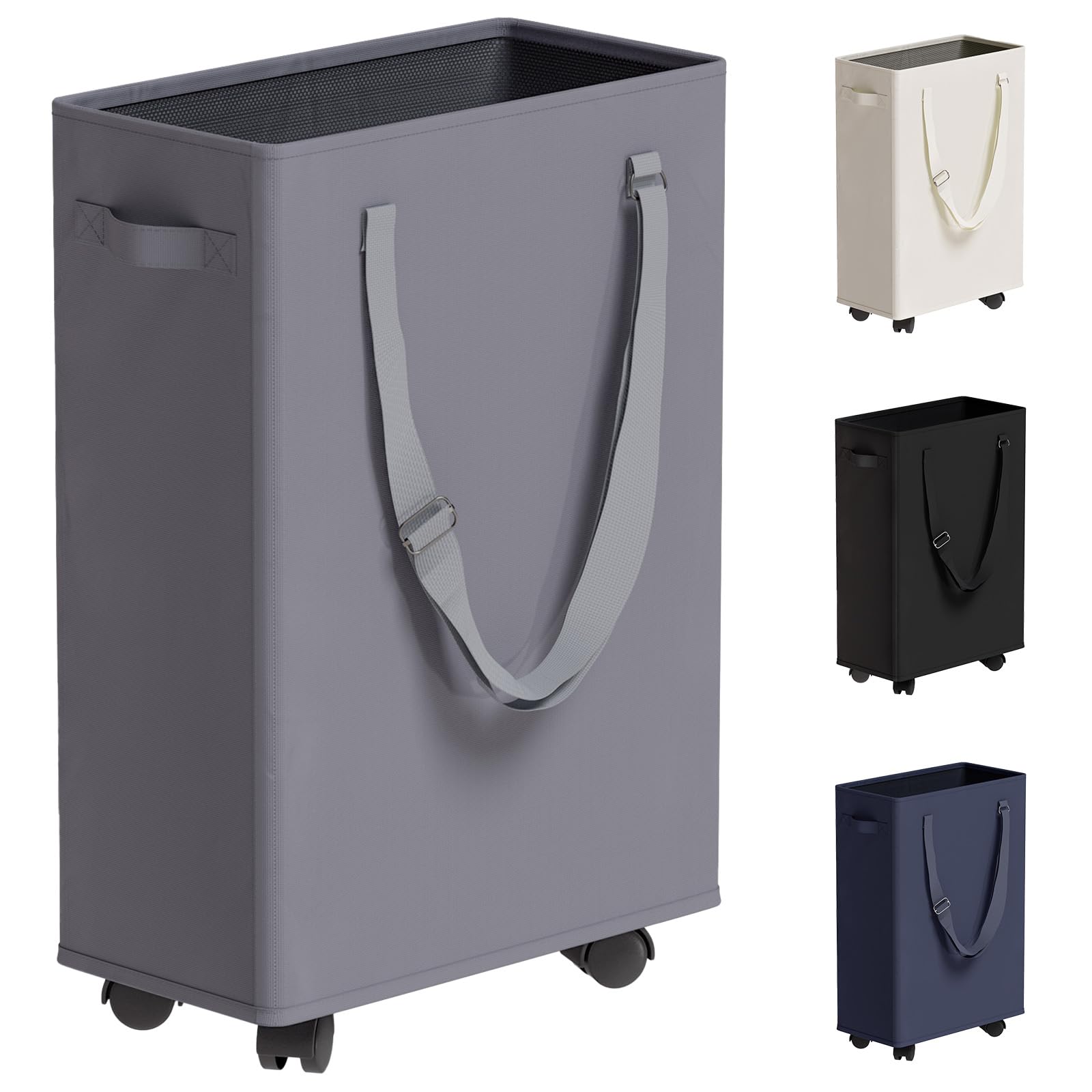 TECHMILLY Slim Laundry Basket with Wheels, 45L Polycotton Hamper, Grey, Model TMLD030, Adjustable Handles for Bedroom & Bathroom