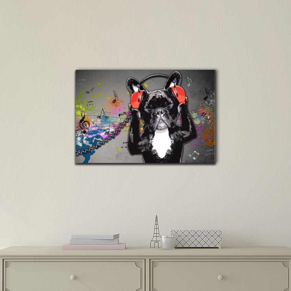 Wall26 - Canvas Wall Art - Dog Listening To Music Funny Animal Concept - Gallery Wrap Modern Home Art | Ready To Hang - 24X36 In